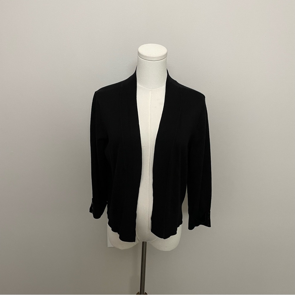 Christopher & Banks Shrug Cardigan Cropped Open Front 3/4 Sleeves Black